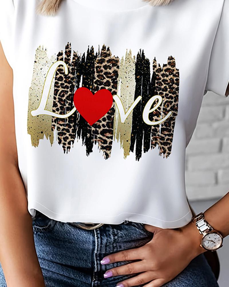 Leopard Heart Love Print Cap Sleeve Top