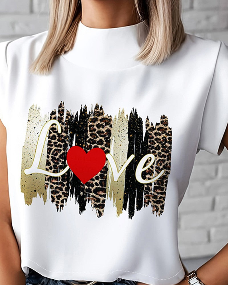 Leopard Heart Love Print Cap Sleeve Top