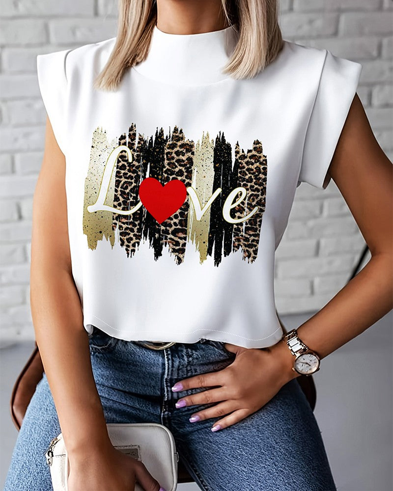 Leopard Heart Love Print Cap Sleeve Top