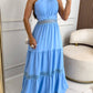 Contrast Lace Waist Hollow Out Maxi Dress Casual Halter Tied Detail Back Shirred Flared Dress