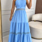 Contrast Lace Waist Hollow Out Maxi Dress Casual Halter Tied Detail Back Shirred Flared Dress