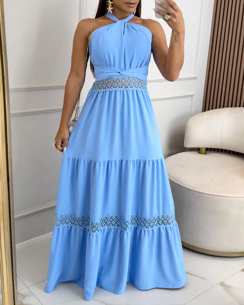 Contrast Lace Waist Hollow Out Maxi Dress Casual Halter Tied Detail Back Shirred Flared Dress