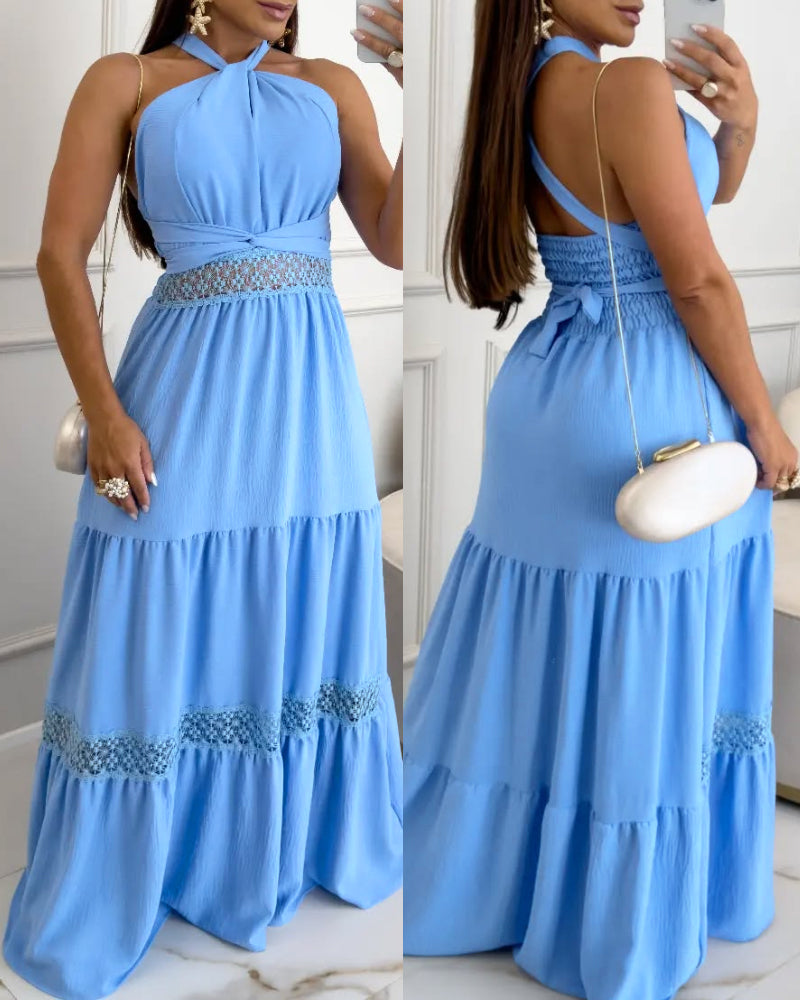 Contrast Lace Waist Hollow Out Maxi Dress Casual Halter Tied Detail Back Shirred Flared Dress