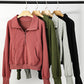 Brown Zip Up Stand Collar Ribbed Thumbhole Sleeve Sweatshirt