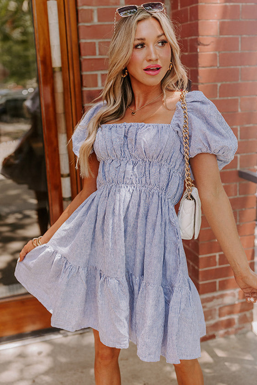 Sky Blue Stripe Bubble Sleeve Square Neck Ruched Pocketed Babydoll Dress