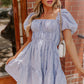 Sky Blue Stripe Bubble Sleeve Square Neck Ruched Pocketed Babydoll Dress