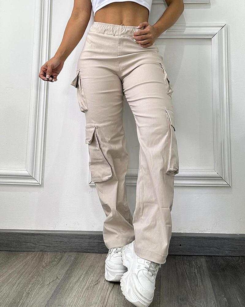 High Waist Side Cargo Pockets Straight Leg Pants Casual Loose Fiit Cargo Pants