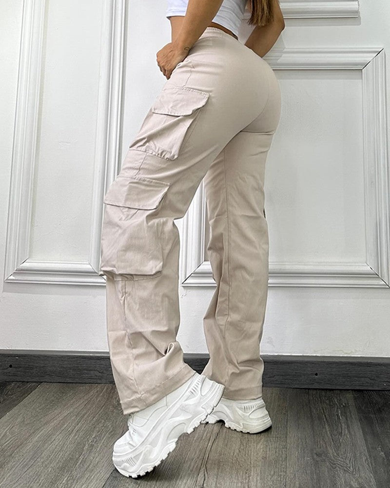High Waist Side Cargo Pockets Straight Leg Pants Casual Loose Fiit Cargo Pants