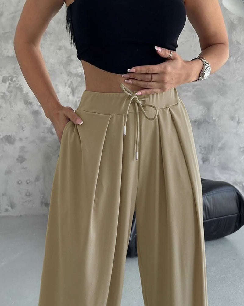 High Waist Elastic Dtrawstring Cuffed Pants Casual Loose Fit Ruched Pants