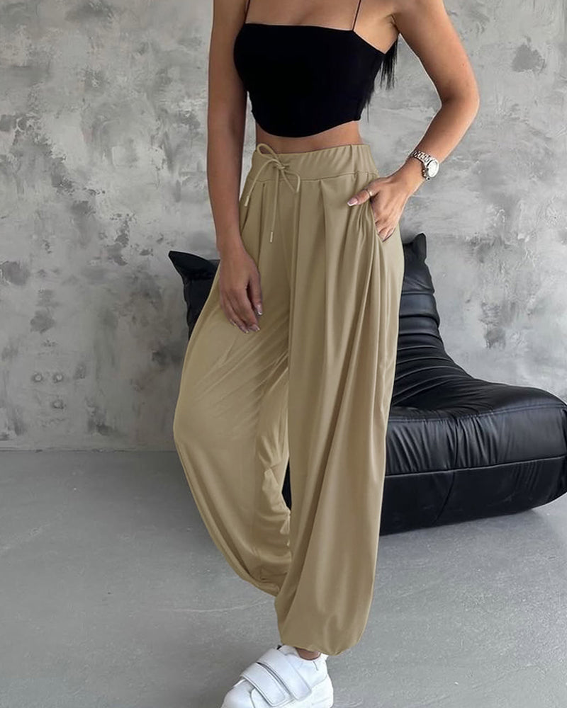 High Waist Elastic Dtrawstring Cuffed Pants Casual Loose Fit Ruched Pants