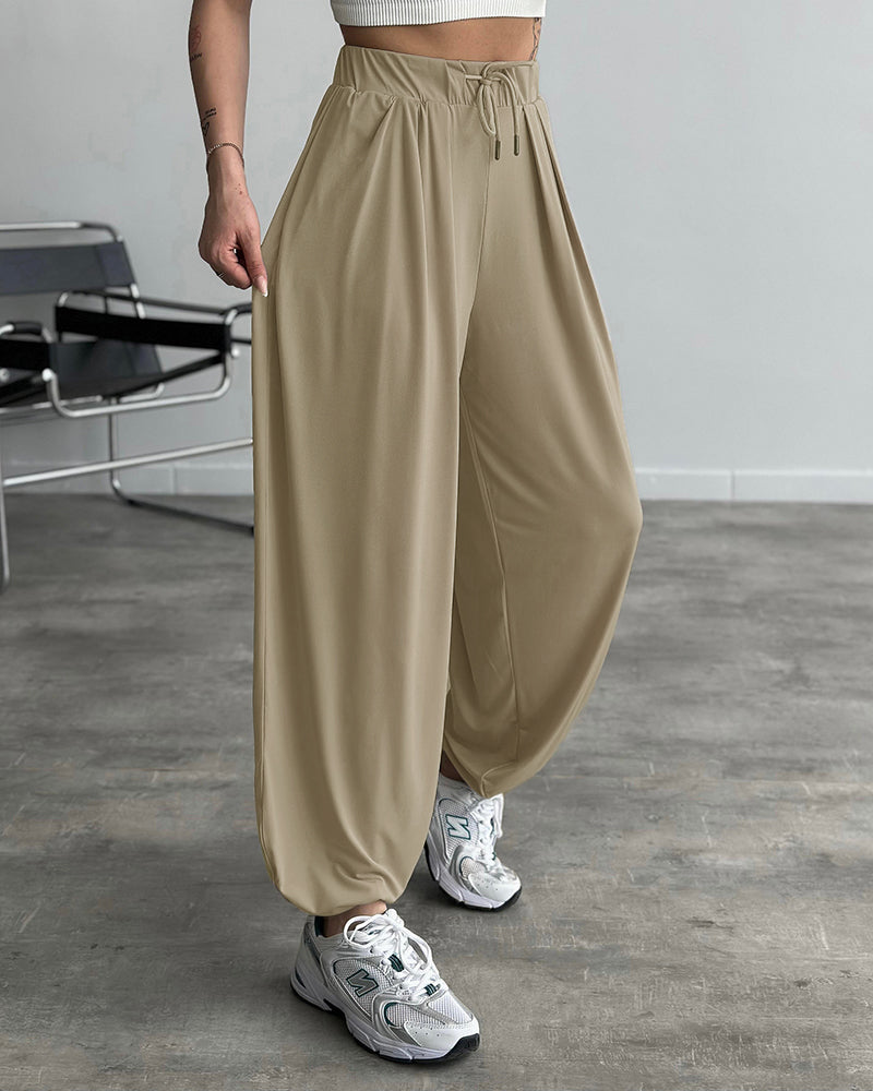 High Waist Elastic Dtrawstring Cuffed Pants Casual Loose Fit Ruched Pants