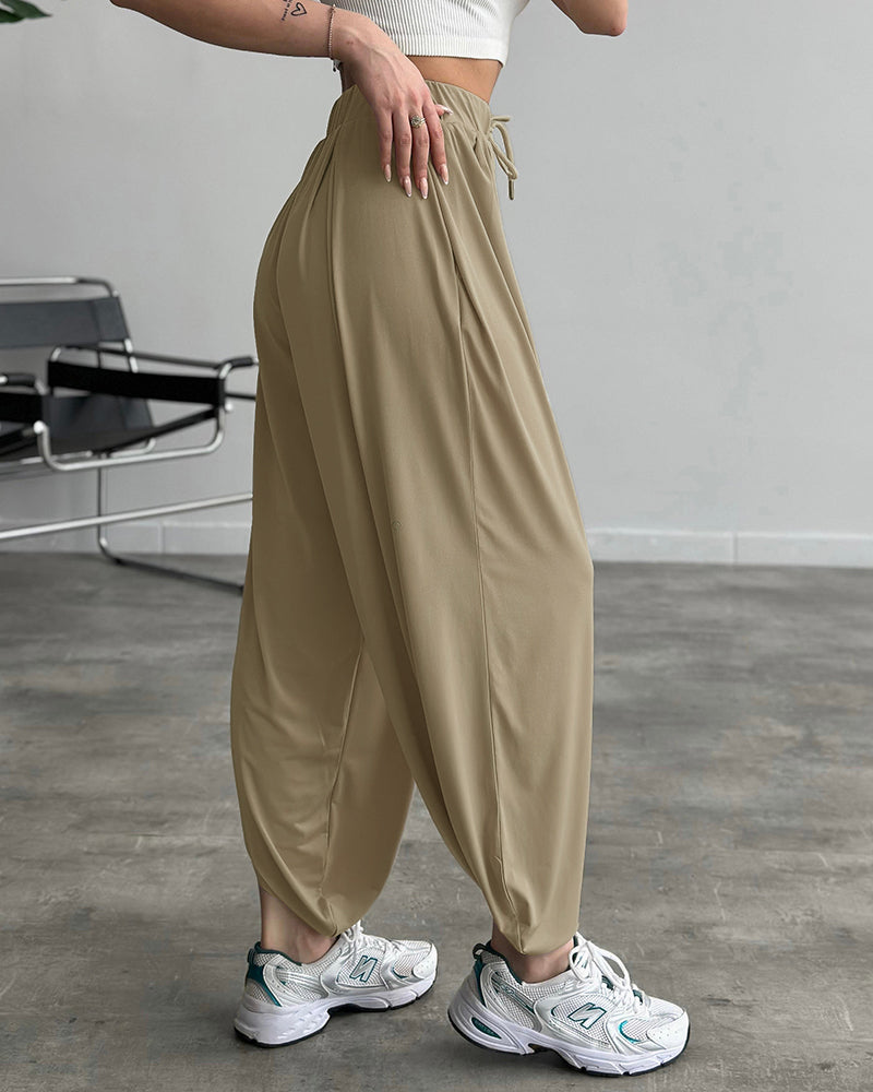 High Waist Elastic Dtrawstring Cuffed Pants Casual Loose Fit Ruched Pants