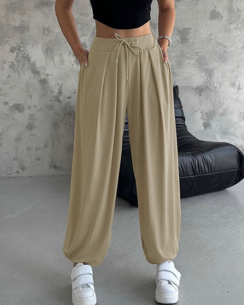 High Waist Elastic Dtrawstring Cuffed Pants Casual Loose Fit Ruched Pants