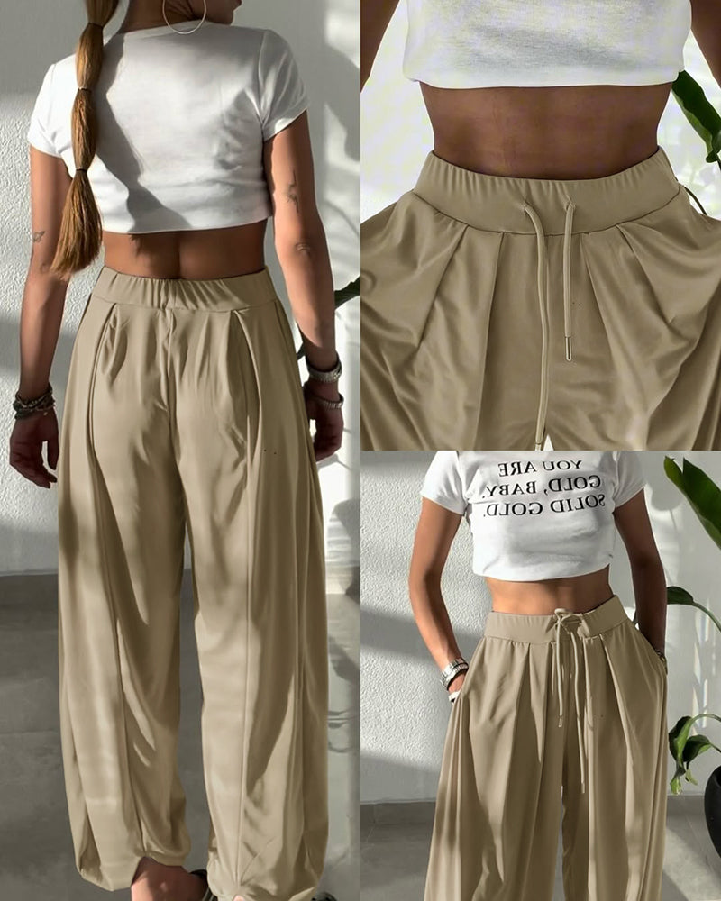 High Waist Elastic Dtrawstring Cuffed Pants Casual Loose Fit Ruched Pants
