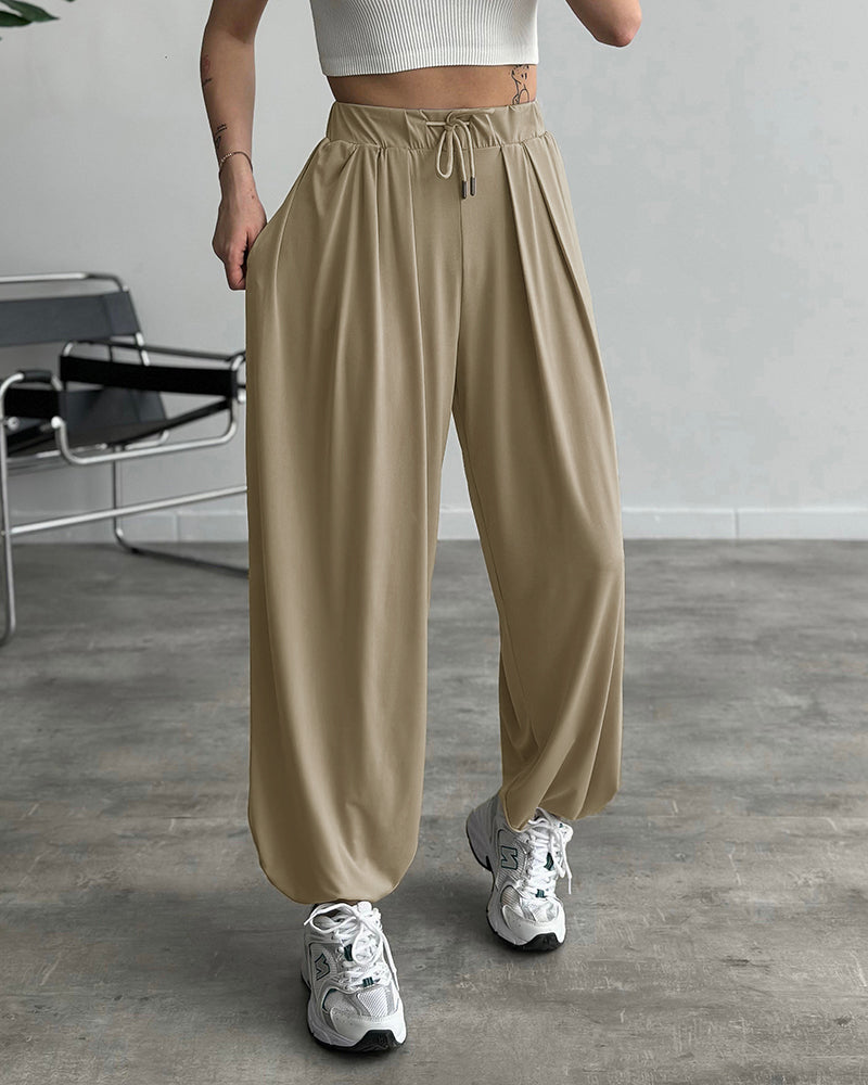 High Waist Elastic Dtrawstring Cuffed Pants Casual Loose Fit Ruched Pants