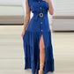 Turn down Collar Sleeveless Button Front Dress Casual Belted Slit Ruched Maxi Dress