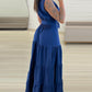 Turn down Collar Sleeveless Button Front Dress Casual Belted Slit Ruched Maxi Dress
