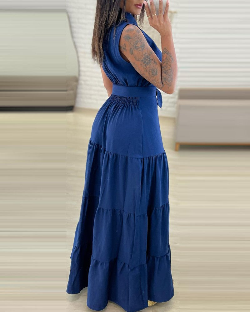 Turn down Collar Sleeveless Button Front Dress Casual Belted Slit Ruched Maxi Dress
