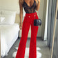 High Waist Mental Button Slim Fit Wide Leg Casual Pants