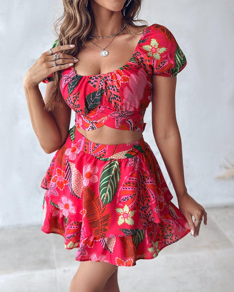 Tropical Print Crop Top & Layered Ruffles Skirt Set