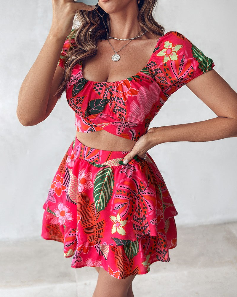 Tropical Print Crop Top & Layered Ruffles Skirt Set
