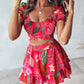Tropical Print Crop Top & Layered Ruffles Skirt Set