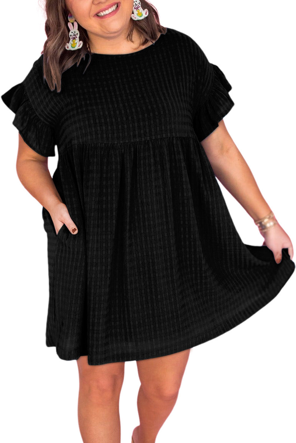Black Textured Ruffled Sleeve Babydoll Plus Dress