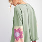 Smoke Green Flower Patchwork Raglan Sleeve Exposed Seam Oversized Top