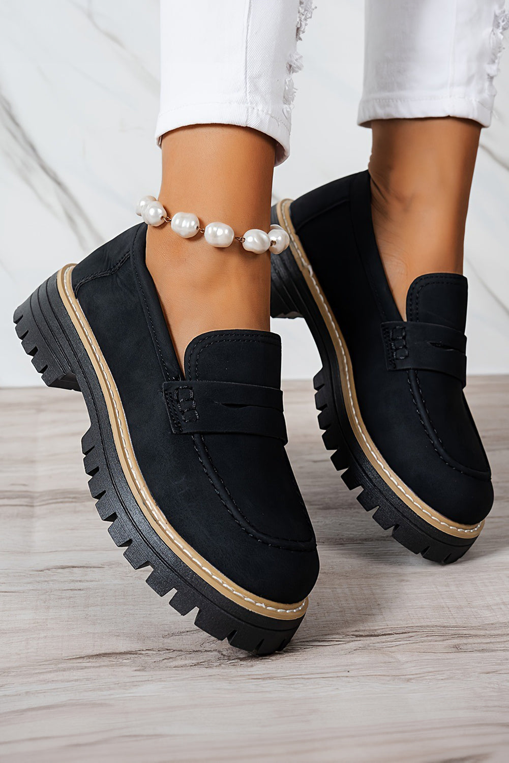 Black Faux Suede Slip-on Chunky Loafers