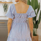 Sky Blue Stripe Bubble Sleeve Square Neck Ruched Pocketed Babydoll Dress