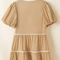 Pale Khaki Contrast Trim Pintuck Puff Sleeve Tied Neck Short Dress