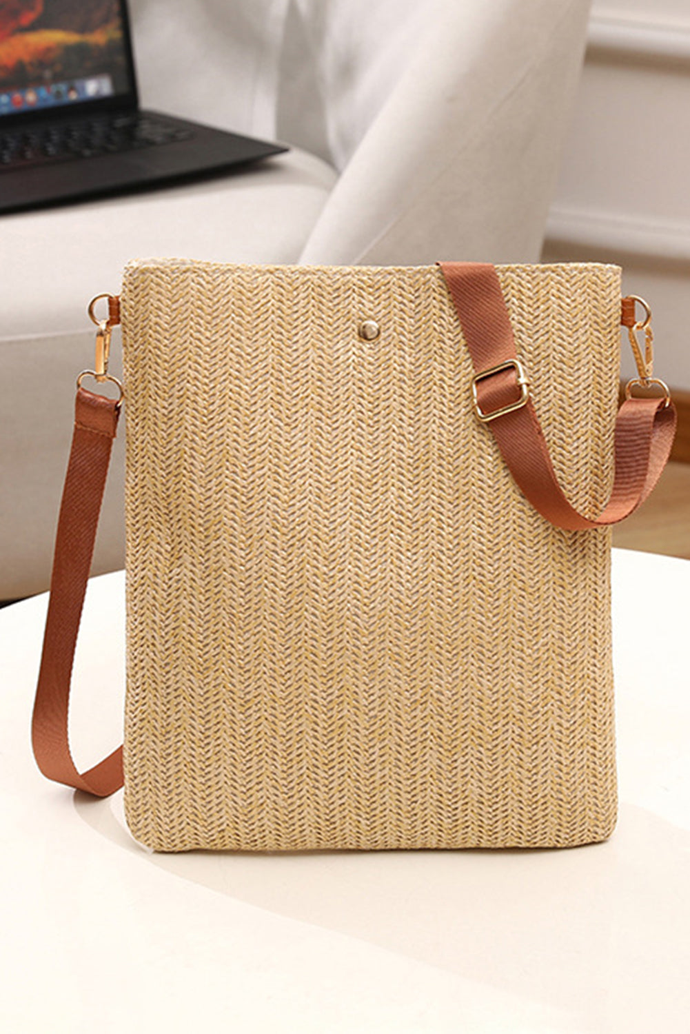 Oatmeal Straw Woven Single Button Crossbody Bag