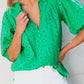 Green Flower Embroidered Hollow-out Puff Sleeve Blouse