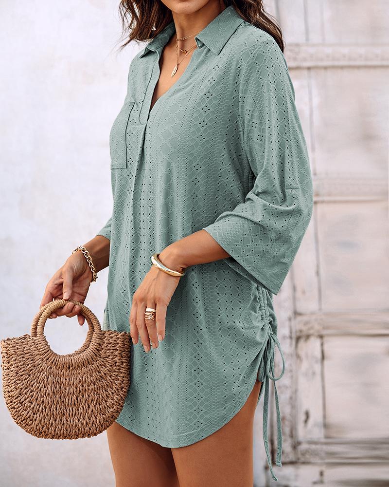 V Neck Roll Up Sleeve Hollow out Drawstring Mini Dress Vacation Dress
