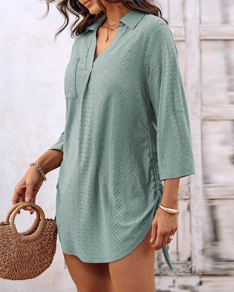 V Neck Roll Up Sleeve Hollow out Drawstring Mini Dress Vacation Dress
