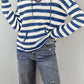Blue Stripe V Neck Pocketed Drawstring Hooded Sweater