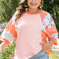 Orange Plus Size Floral Print Patchwork Raglan Half Sleeve Top