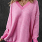 Pink Striped Scallop V Neck Loose Sweater with Slits