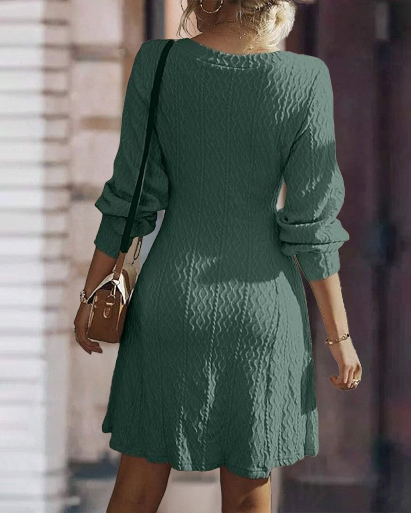 V Neck Long Sleeve Knit Mini Dress Casual A Line Sweater Dress