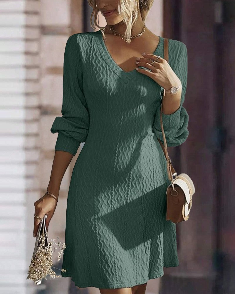 V Neck Long Sleeve Knit Mini Dress Casual A Line Sweater Dress