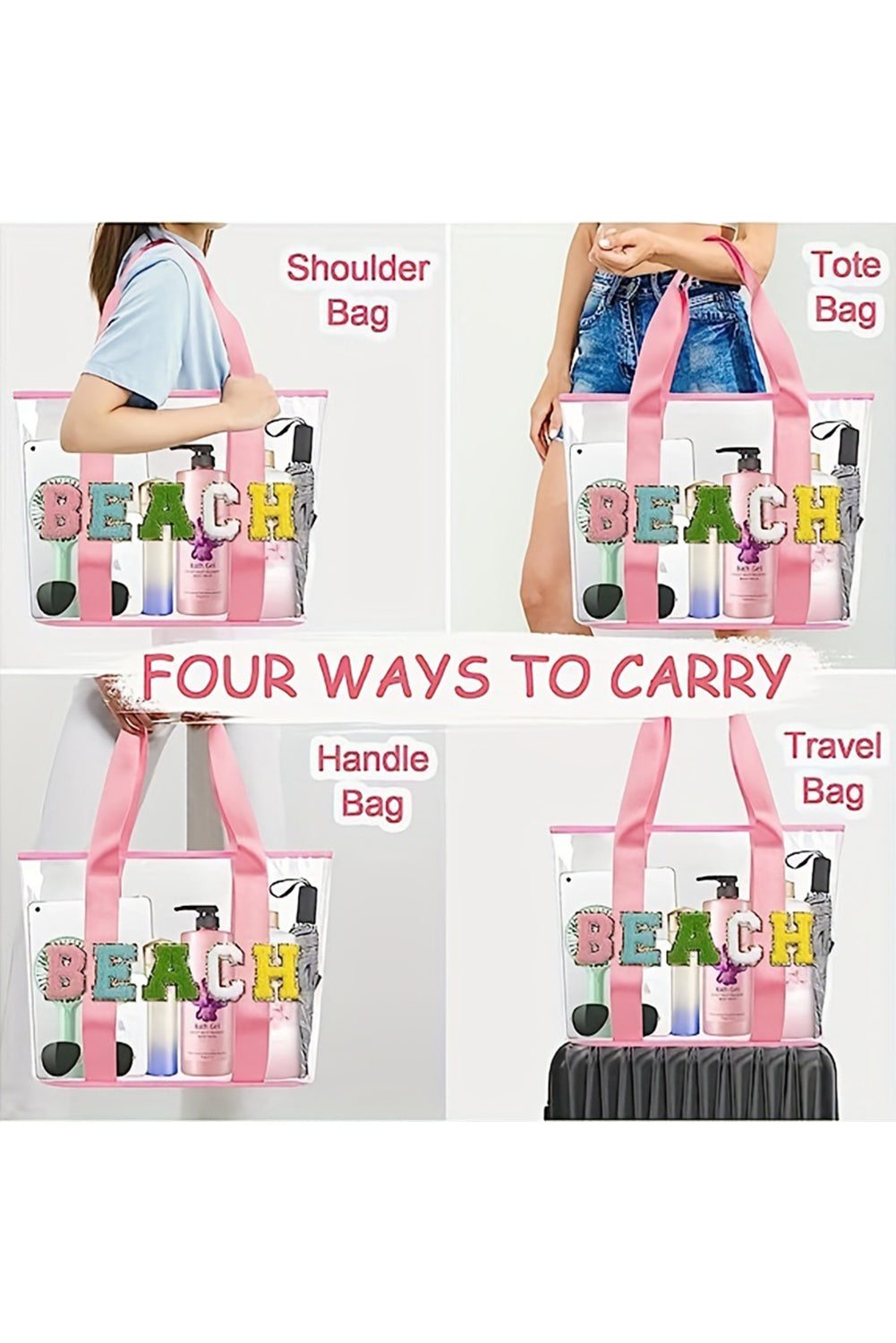 Pink BEACH Chenille Patched Large Clear PVC Shoulder Bag