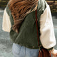 Mist Green Corduroy Fleece Patchwork Buttoned Bomber Jacket