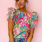 Multicolor Vibrant Floral Print Trimmed Ruffle Sleeve Blouse