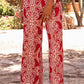 Red Paisley Printed Buttoned High Waist Straight Leg Pants