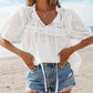 Notch Neck Puff Sleeve Embroidered Lace Drawstring Blouse