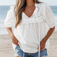 Notch Neck Puff Sleeve Embroidered Lace Drawstring Blouse