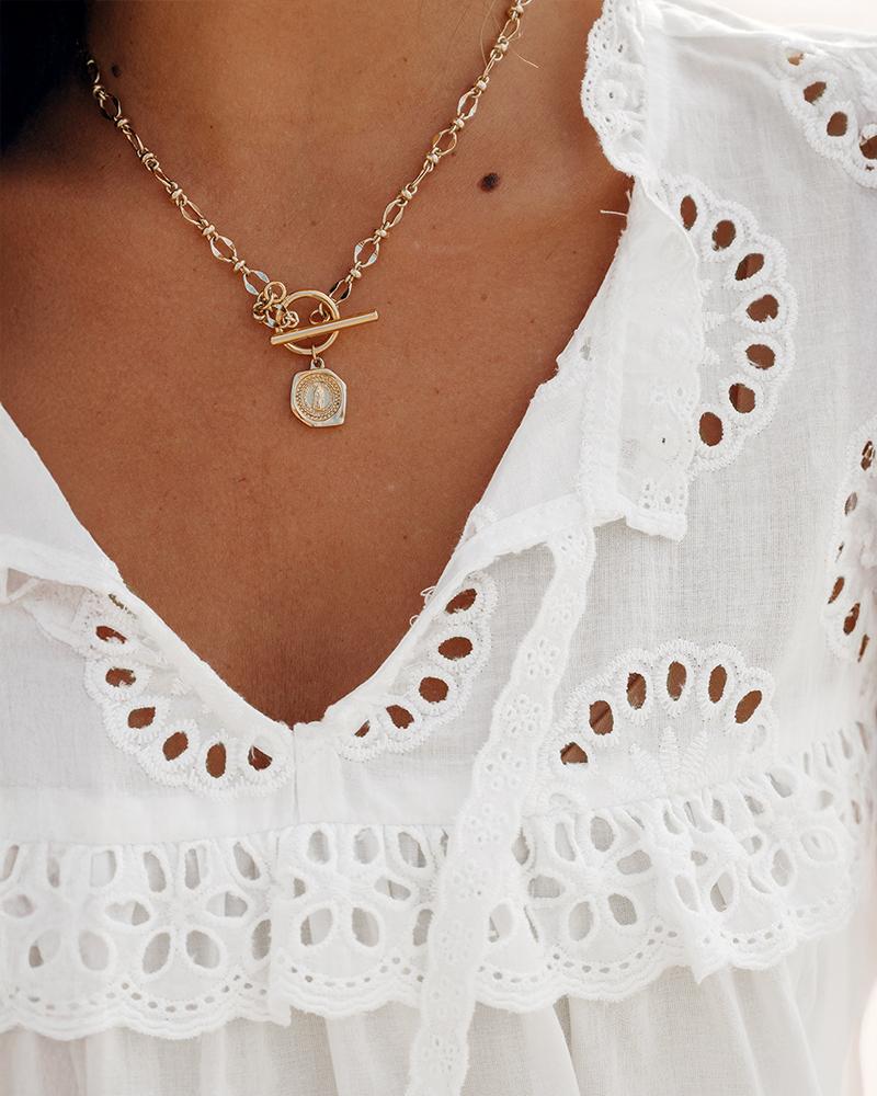 Notch Neck Puff Sleeve Embroidered Lace Drawstring Blouse