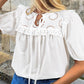 Notch Neck Puff Sleeve Embroidered Lace Drawstring Blouse