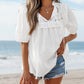 Notch Neck Puff Sleeve Embroidered Lace Drawstring Blouse