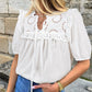 Notch Neck Puff Sleeve Embroidered Lace Drawstring Blouse